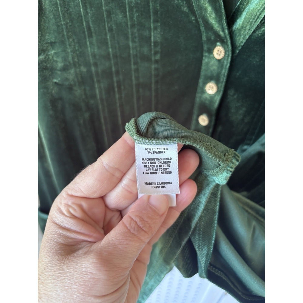 Kim Rogers Womens M Velvet Green V Neck Henley Pleated Tunic Blouse 3/4 SLV - Picture 5 of 6